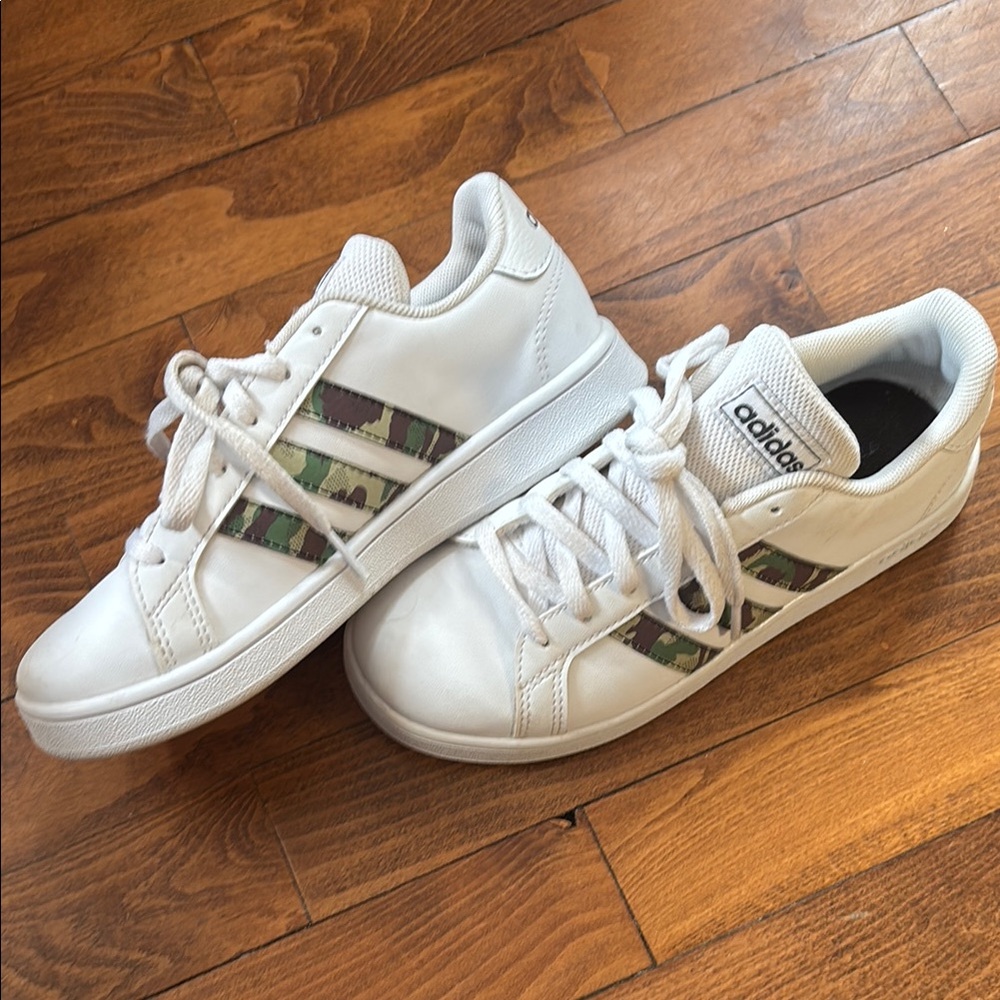 Adidas White Sneakers with Camo Stripes